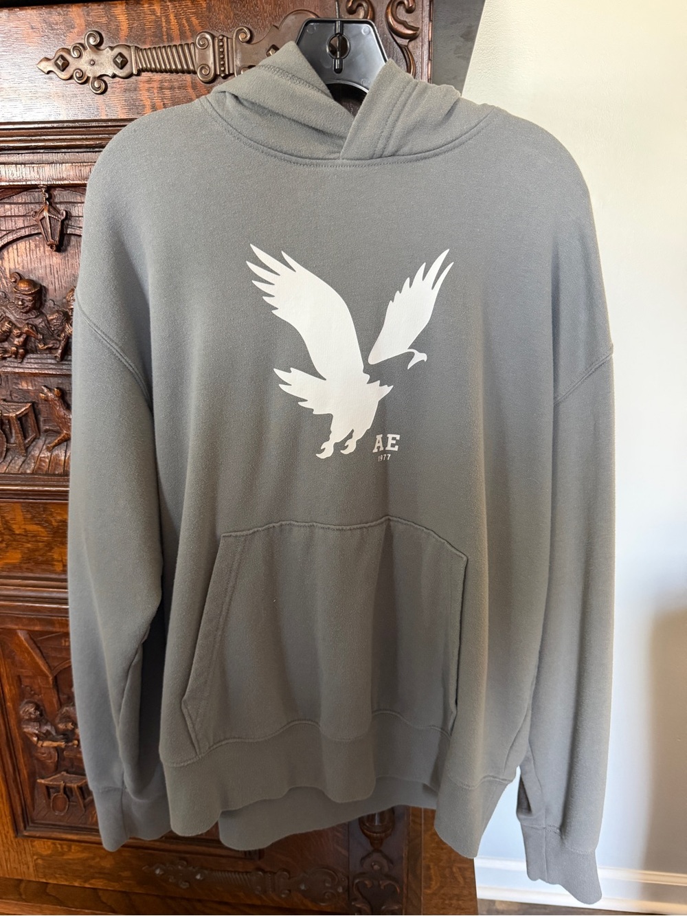 American Eagle Outfitters Men's Gray Crewneck Hoodie with White Eagle Logo
